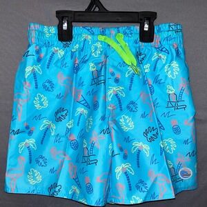 Laguna Swim Boys XL 18/20 Blue Tropical Neon Flamingo‎ Bathing Suit Shorts NWT